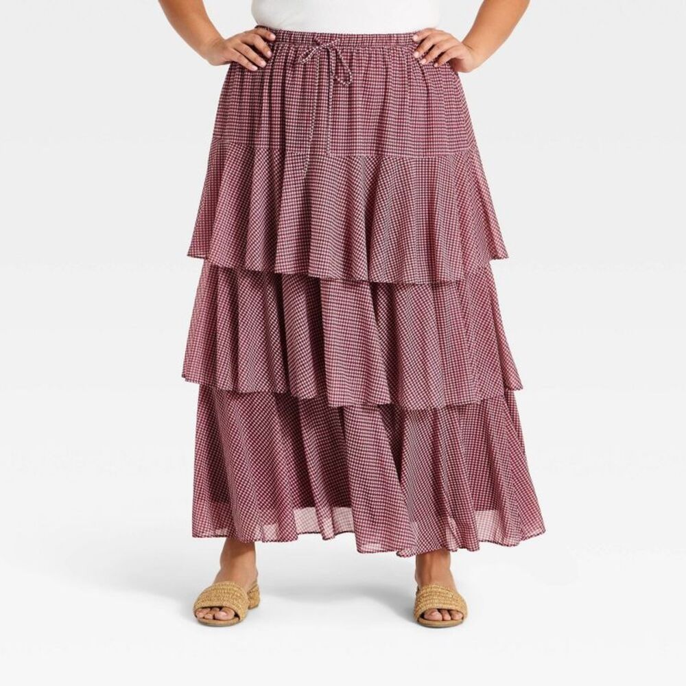 Women's Plus Mesh Maxi Tiered Skirt - Ava & Viv Burgundy 2X